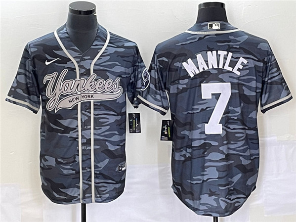 Men's New York Yankees #7 Mickey Mantle Gray Camo With Patch Cool Base Stitched Baseball Jersey